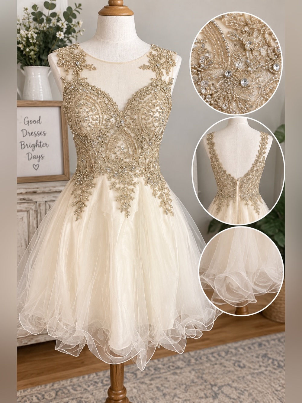 Chica formal dress gold cream short fluff beaded